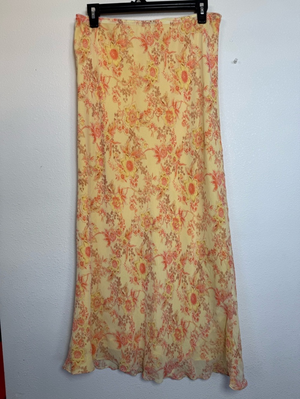 Vintage Chadwicks 100% Silk Floral Maxi Skirt Yellow Elastic Waist Size Large - Picture 2 of 8